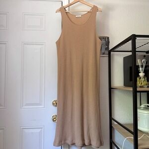 RYAN ROCHE tan camel cashmere rib ribbed soft scoop neck crew midi maxi dress